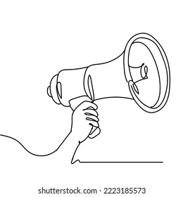 Single continuous line drawing of Megaphone announcement, One continuous single line drawing of hand hold horn isolated.