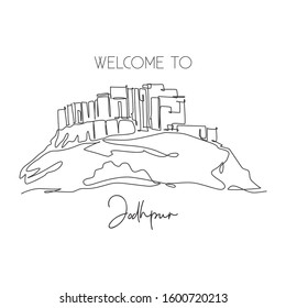 Single continuous line drawing Mehrangarh Fort landmark. Most beautiful place in Jodhpur, India. World travel home decor wall art poster print concept. Modern one line draw design vector illustration