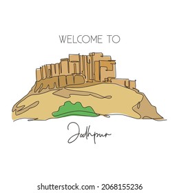 Single continuous line drawing Mehrangarh Fort landmark. Most beautiful place in Jodhpur, India. World travel home decor wall art poster print concept. Modern one line draw design vector illustration