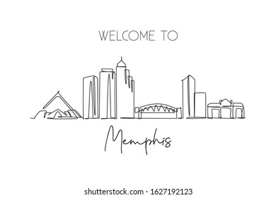 Single continuous line drawing of Memphis city skyline, USA. Famous city scraper and landscape. World travel concept home wall decor poster print art. Modern one line draw design vector illustration