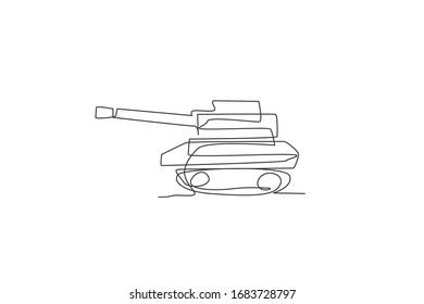 Dibujo de línea continua de tanque de guerra metálico con cañón, vista lateral. Concepto de vehículo de transporte. Ilustración vectorial de diseño de tracción de una línea de moda
