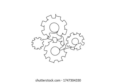 Single continuous line drawing of metal wheel round gear for machinery office logo label. Mechanical company logotype icon concept. Modern one line draw graphic design vector illustration