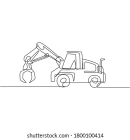 Single continuous line drawing of metal excavator for digging land, commercial vehicle. Heavy construction machines equipment concept. Trendy one line graphic draw design vector illustration