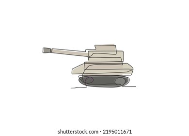 Dibujo de una sola línea continua de tanque de guerra de metal con cañón, vista lateral. Concepto de vehículo de transporte. Ilustración de diseño gráfico de tracción de una línea de moda