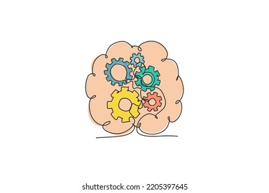 Einzelne kontinuierliche Zeichnung von Metallrädern im menschlichen Gehirn für das Logo des Technologieunternehmens. Mechanisches Logo-Icon-Konzept. Moderne 1-zeilige grafische Gestaltung, Vektorgrafik