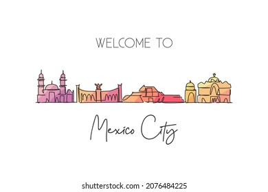 Single continuous line drawing Mexico skyline, Mexico. Famous city scraper landscape. World travel destination postcard print concept. Editable stroke modern one line draw design vector illustration