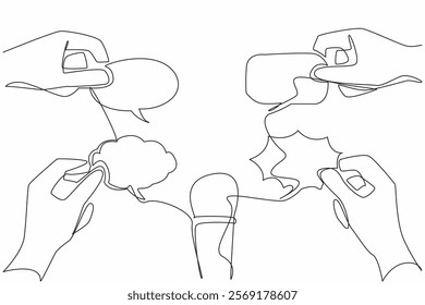 Single continuous line drawing a mic in the middle of 4 callouts of various shapes held by hand. Social media comments. Like journalists. National Public Radio Day. One line design vector illustration