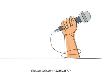 Single continuous line drawing microphone in hand, hand holding microphone in fist. Rock hand gesture holding microphone. Rock and roll music live. One line draw graphic design vector illustration