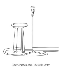 Single continuous line drawing microphone and stool on stand up comedy stage. Equipment at night club or bar for stand up comedian performance. Dynamic one line draw graphic design vector illustration