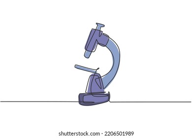 Single continuous line drawing of microscope on school library to learn chemistry study. Back to school minimalist style. Education concept. Modern one line draw graphic design vector illustration