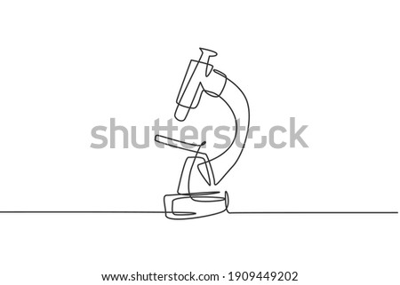 Single continuous line drawing of microscope on school library to learn chemistry study. Back to school minimalist style. Education concept. Modern one line draw graphic design vector illustration