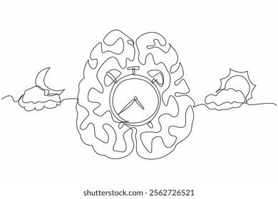 Single continuous line drawing in middle of brain is alarm clock, with a cloudy sun and a cloudy crescent moon. Automatic system of body. Biological Clock Day. One line design vector illustration