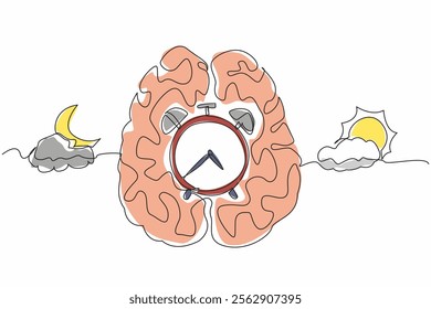 Single continuous line drawing in middle of brain is alarm clock, with a cloudy sun and a cloudy crescent moon. Automatic system of body. Biological Clock Day. One line design vector illustration