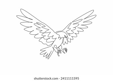 Single continuous line drawing of mighty brave bald eagle stretched its wide wings and ready to attack the prey target. Strong predator bird concept. National Bird Day