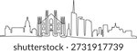 Single continuous line drawing of Milan city skyline, Italy. Famous city skyscraper landscape in world. World travel wall decor poster print concept. one line Icon drawing
