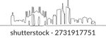 Single continuous line drawing of Milan city skyline, Italy. Famous city skyscraper landscape in world. World travel wall decor poster print concept. one line Icon drawing
