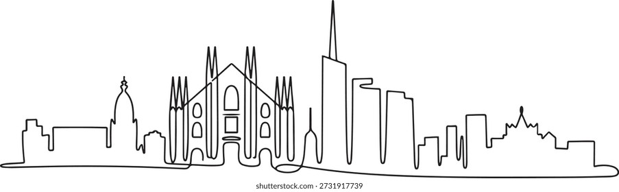Single continuous line drawing of Milan city skyline, Italy. Famous city skyscraper landscape in world. World travel wall decor poster print concept. one line Icon drawing
