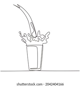 Una sola línea continua dibujando leche vertiendo en vidrio creando salpicaduras. Espolvoreando leche en un vaso. Leche salpicada en un vaso. Leche vertida en vidrio. Ilustración gráfica de un vector de diseño de línea