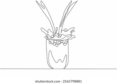 Single continuous line drawing milk and tea water are poured from above into bubble tea in a plastic cup. Freshness to the eyes and throat. National Bubble Tea Day. One line design vector illustration