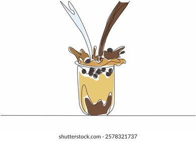 Single continuous line drawing milk and tea water are poured from above into bubble tea in a plastic cup. Freshness to the eyes and throat. National Bubble Tea Day. One line design vector illustration