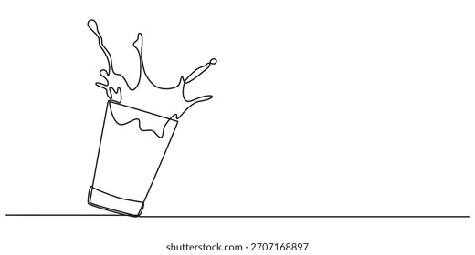 Einzelne kontinuierliche Linie ziehen Milch in Glas gießen Schaffung Spritzer. Milch in ein Glas spritzen. Milchspritzer im Glas. Milch in Glas gegossen. Grafische Vektorgrafik mit einzeiliger Zeichnung