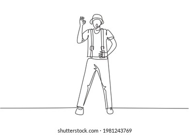 Single continuous line drawing mime artist stands with gesture okay and white face make-up makes audience laugh with silent comedy. Great show. Dynamic one line draw graphic design vector illustration
