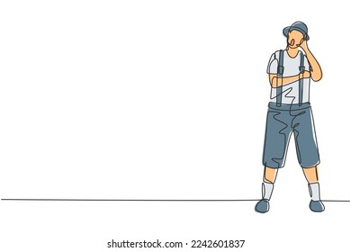 Single continuous line drawing mime artist stands with call me gesture and white face make-up makes audience laugh with silent comedy. Great show. One line draw graphic design vector illustration