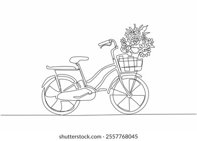 Single continuous line drawing mini bike with a basket on the front filled with flowers and leaves. Bicycles do not harm nature. Keeping nature green. Bicycle Day. One line design vector illustration