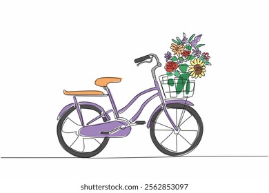 Single continuous line drawing mini bike with a basket on the front filled with flowers and leaves. Bicycles do not harm nature. Keeping nature green. Bicycle Day. One line design vector illustration