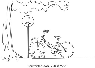 Single continuous line drawing mini bike parked in bike parking lot and big tree. Typical view during holidays. Cycling to the park. National Public Gardens Day. One line design vector illustration