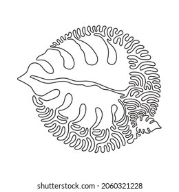 Single continuous line drawing minimal monstera leaf. Botany style concept for posters, wall art, tote bag, t-shirt, sticker print. Swirl curl circle background style. One line draw design vector