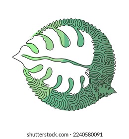 Single continuous line drawing minimal monstera leaf. Botany style concept for posters, wall art, tote bag, t-shirt, sticker print. Swirl curl circle background style. One line draw design vector