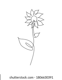 Single continuous line drawing minimalist beauty fresh sunflower. Floral concept for posters, wall art, tote bag, mobile case, t-shirt print. Trendy one line draw design vector graphic illustration