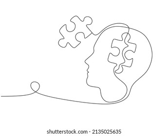 	
Single continuous line drawing of the missing piece of the puzzle as a complement to human thoughts. Mindset concept. Trendy one line draw design vector graphic illustration