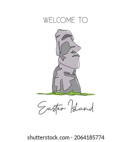 Single continuous line drawing Moai statue landmark. Beauty place in Easter Island, Polynesia. World travel home wall decor art poster print concept. Modern one line draw design vector illustration