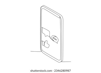 Single continuous line drawing of a mobile phone with likes and comments icon
