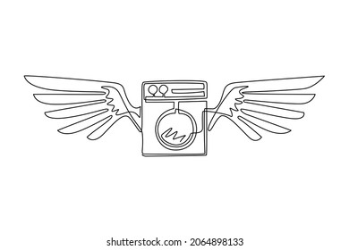Una línea continua dibujando una lavadora moderna con alas. Servicio de limpieza y lavado de ropa eléctrico. Diseño editable para tienda, tienda, empresa de negocios. vector gráfico de tracción dinámica de una línea
