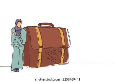 Single continuous line drawing modern confident female entrepreneur leaning on large briefcase. Arab businesswoman standing with elegance pose. Dynamic one line draw graphic design vector illustration
