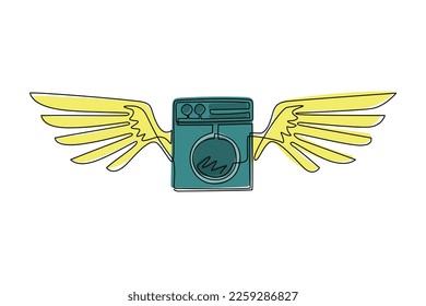 Una línea continua dibujando una lavadora moderna con alas. Servicio de limpieza y lavado de ropa eléctrico. Diseño editable para tienda, tienda, empresa de negocios. vector gráfico de tracción dinámica de una línea