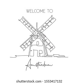 Single continuous line drawing Molen De Adriaan Windmill landmark. Beauty famous place in Netherlands. World travel home decor wall art poster concept. Modern one line draw design vector illustration