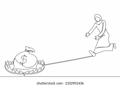 Single continuous line drawing money trap business. Arabian businesswoman running to catch money bag in the steel bear trap. Metaphor of greedy financial risk and bad solutions. One line design vector