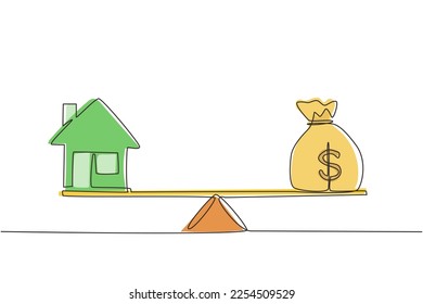 Single continuous line drawing money and home, loan, mortgage. Change home into cash concept. US Dollar in sack bag. Balance home and debt on scales. One line draw graphic design vector illustration