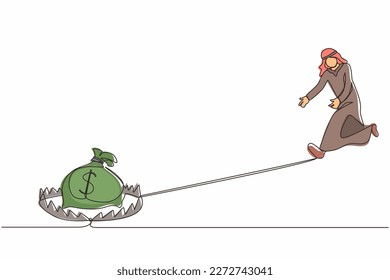 Una línea continua de dibujo de dinero atrapa el negocio. Empresario árabe corriendo para atrapar una bolsa de dinero en la trampa del oso de acero. Metáfora de codiciosos riesgos financieros y malas soluciones. vector de diseño de trazos de una línea