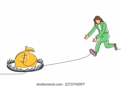 Single continuous line drawing money trap business. Businesswoman running to catch money bag in the steel bear trap. Metaphor of greedy financial risk and bad solutions. One line graphic design vector