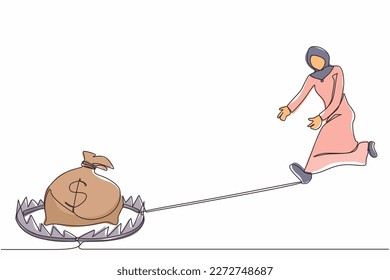 Single continuous line drawing money trap business. Arabian businesswoman running to catch money bag in the steel bear trap. Metaphor of greedy financial risk and bad solutions. One line design vector