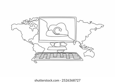 Single continuous line drawing monitor, keyboard with world map background. Sync to cloud storage. Storage technology. Make it easy. Cloud server. World Backup Day. One line design vector illustration