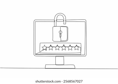 Single continuous line drawing monitor with open padlock on screen. A unique combination of 6 characters to unlock. Strong protection. Code. World Password Day. One line design vector illustration