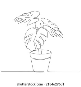 Single continuous line drawing monstera. Monstera leaf line art. Contour drawing. Minimalism art. Modern decor.