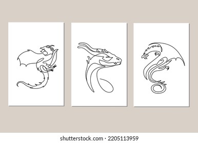 Single continuous line drawing of monsters dragon set of 3 posters. Magical legend creature mascot concept for martial art association. One line draw design illustration