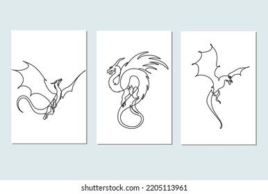 Single continuous line drawing of monsters dragon set of 3 posters. Magical legend creature mascot concept for martial art association. One line draw design illustration